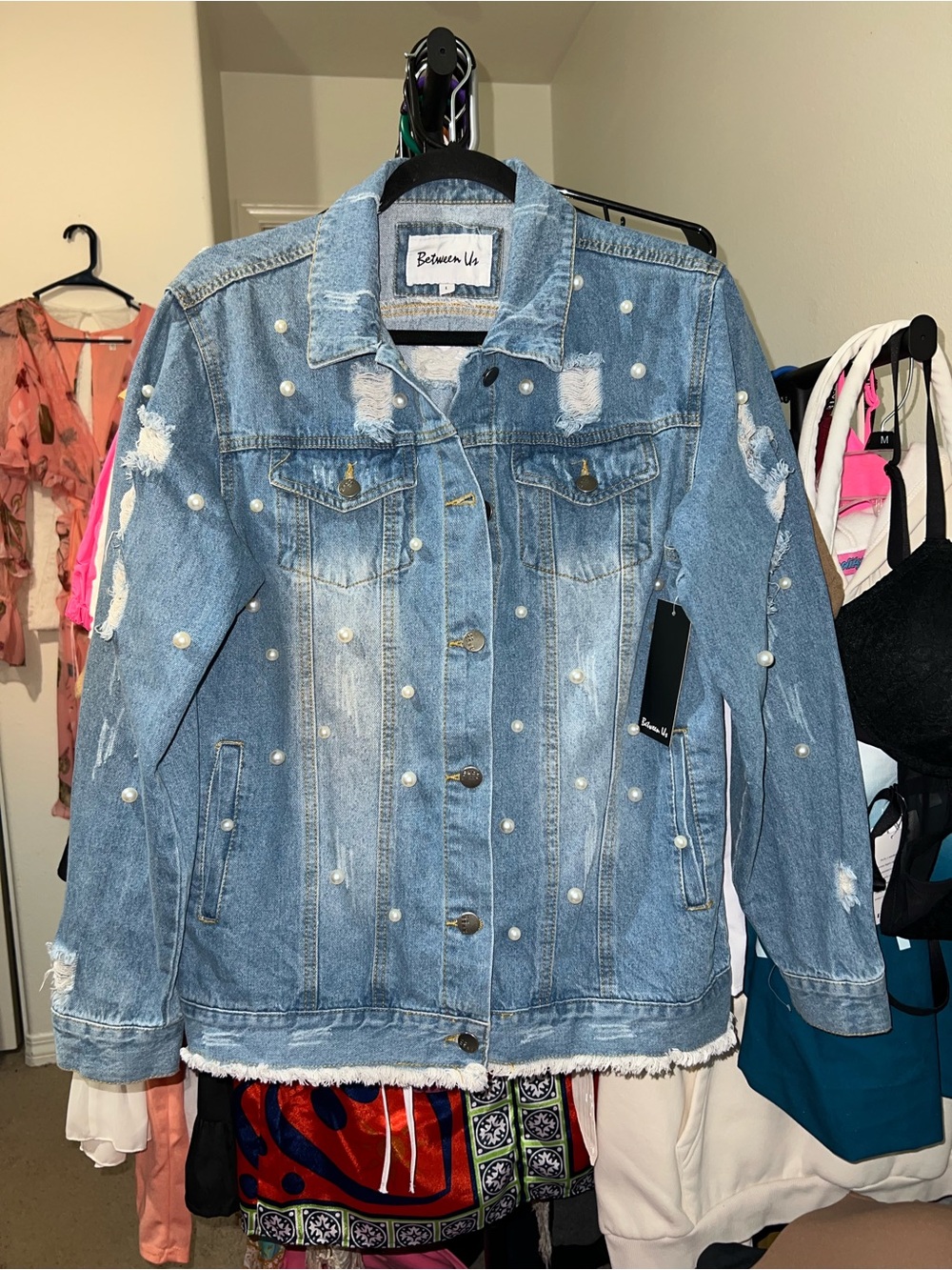 Between Us Light Blue Pearl-Embellished Distressed Denim Jacket
